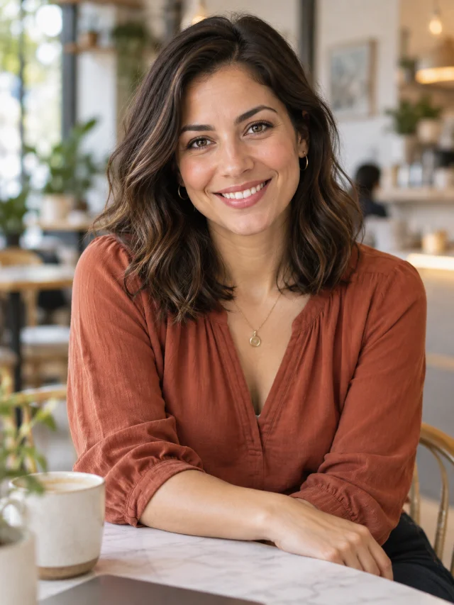 Sofia, a smiling fictional adult woman, illustrated with an original AI-generated portrait.
